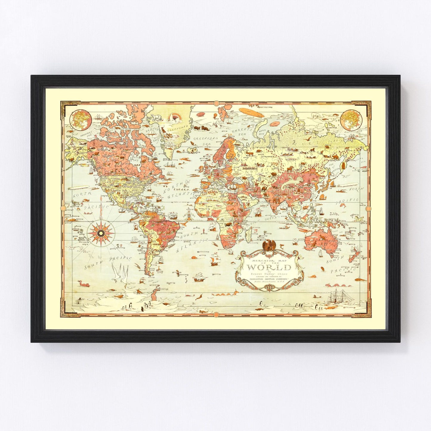 Vintage 1931 Mercator world map classic projection, digitally restored print