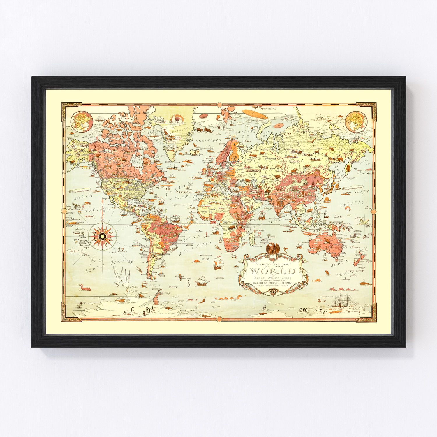 Vintage 1931 Mercator world map classic projection, digitally restored print