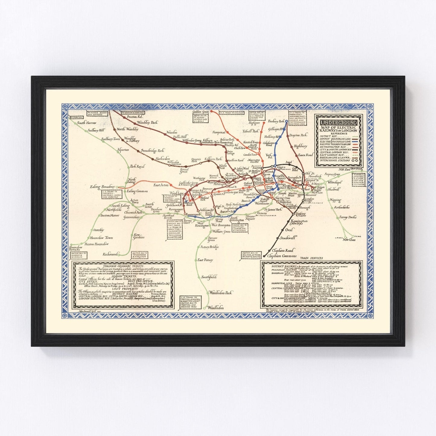 Vintage 1921 London underground subway map, digitally restored print