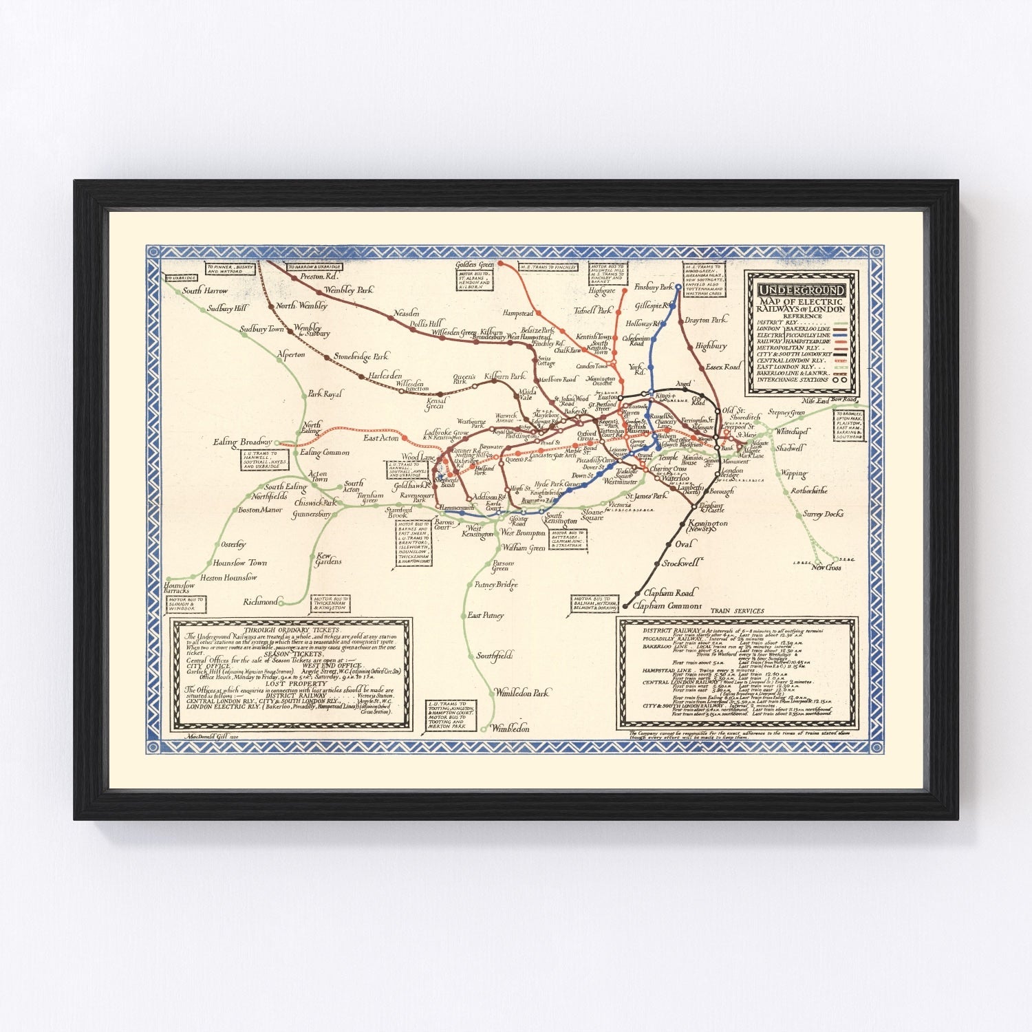 Vintage 1921 London underground subway map, digitally restored print