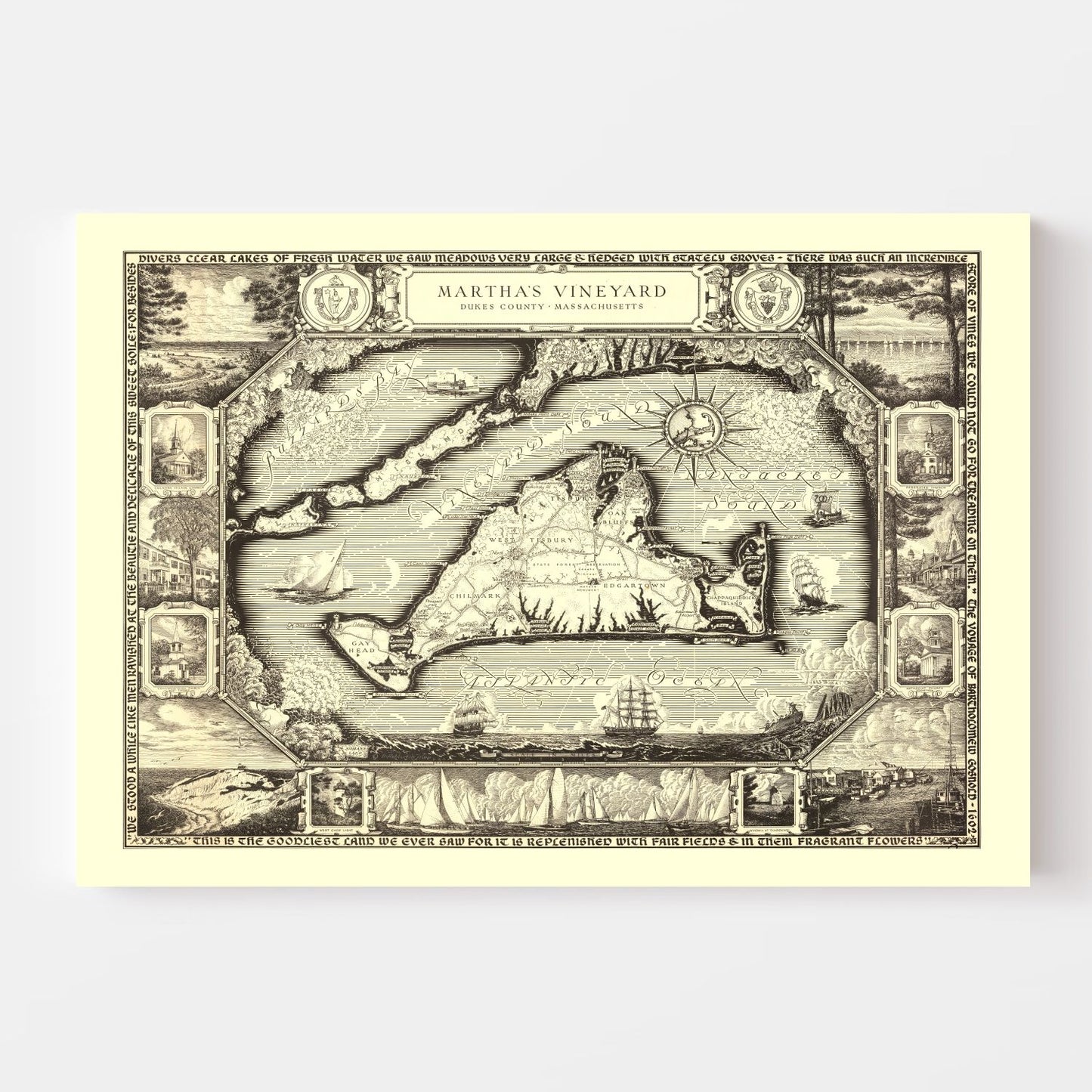 Vintage Map of Martha's Vineyard, MA, 1954