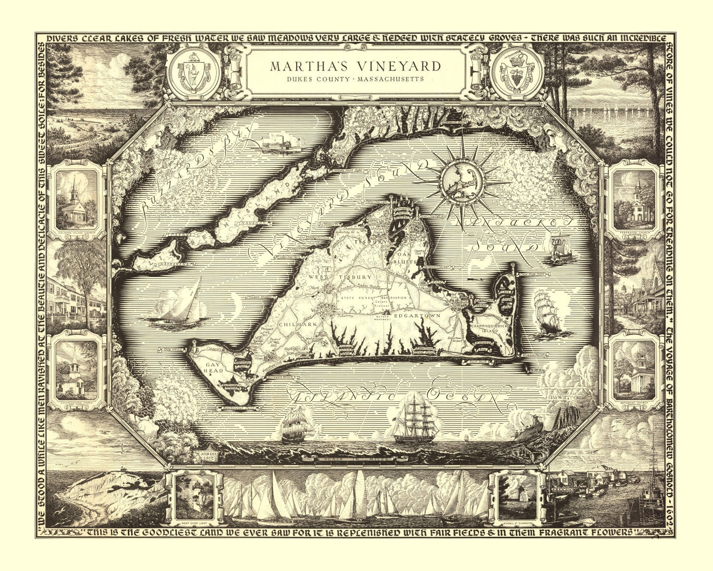 Vintage Map of Martha's Vineyard, MA, 1954