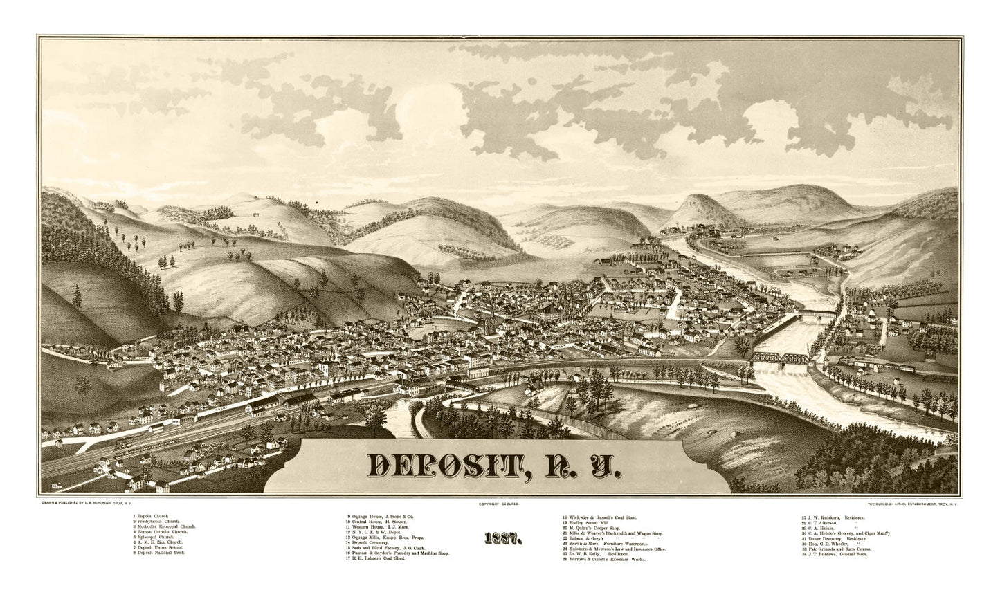 Vintage Map of Deposit, New York, 1887