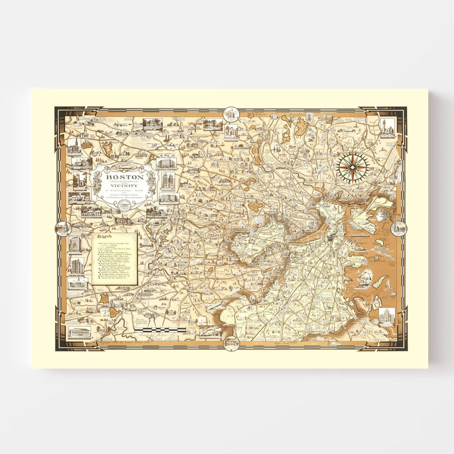 Vintage Pictorial Map of Boston, Massachusetts, 1938