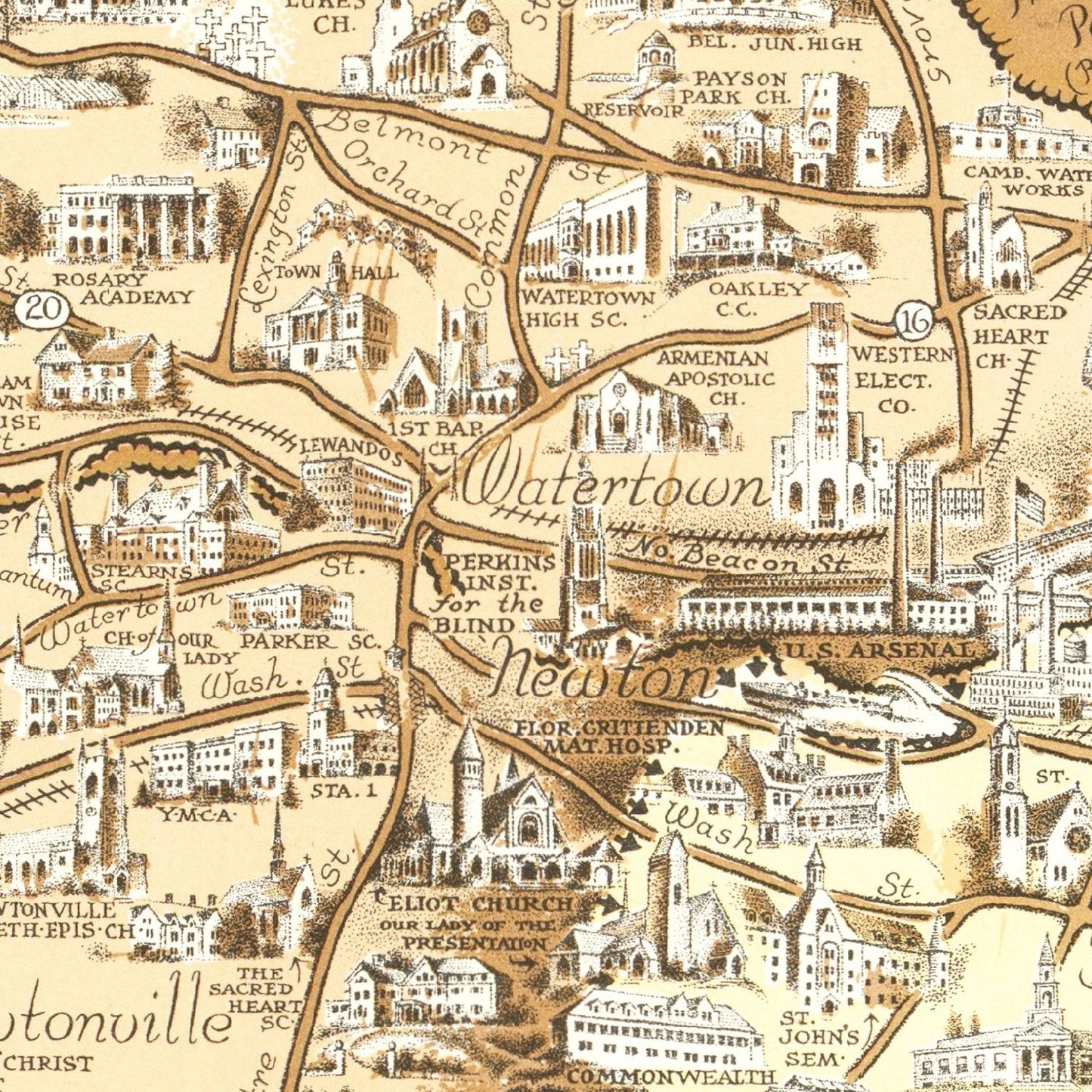 Vintage Pictorial Map of Boston, Massachusetts, 1938