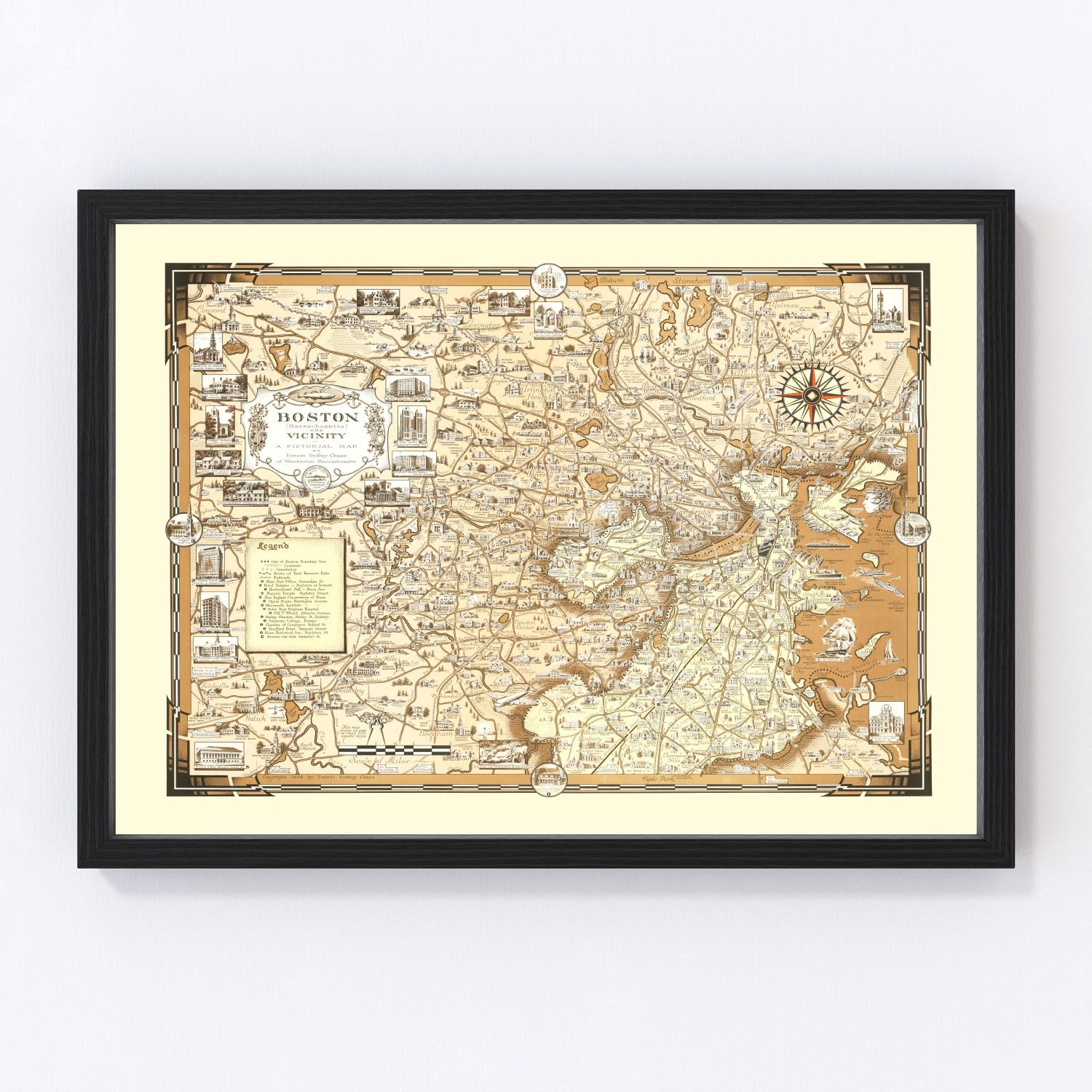 Vintage pictorial map of Boston, Massachusetts, 1938, harbor and landmarks