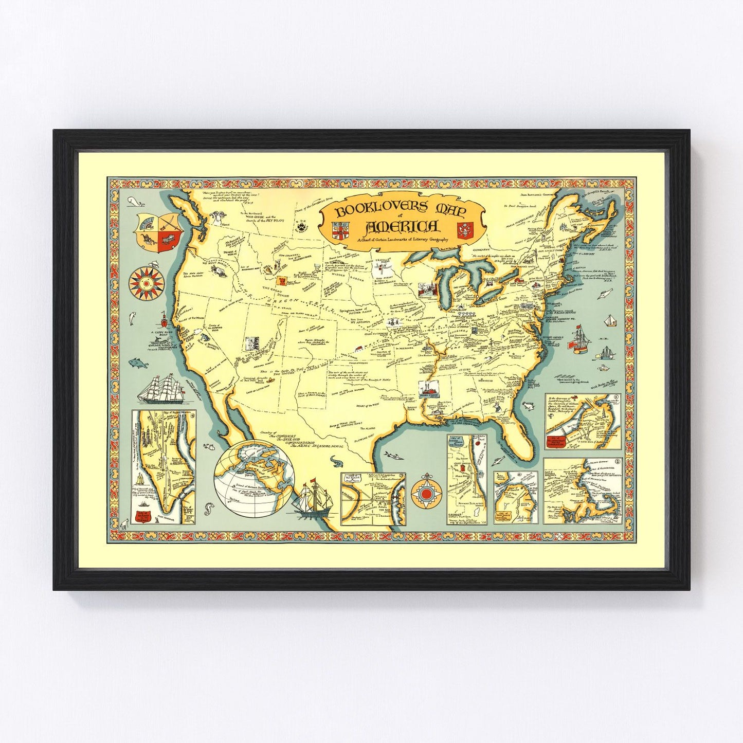 Vintage book lovers map of America 1926, illustrated literary restored print wall art