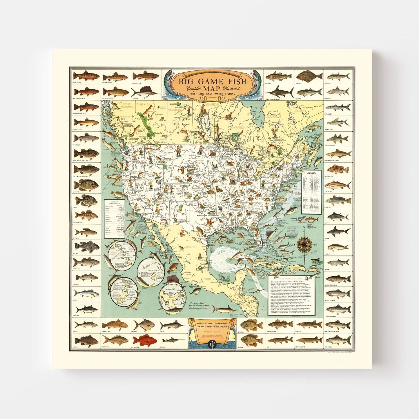 Vintage Map of Big Game Fish of America, 1936