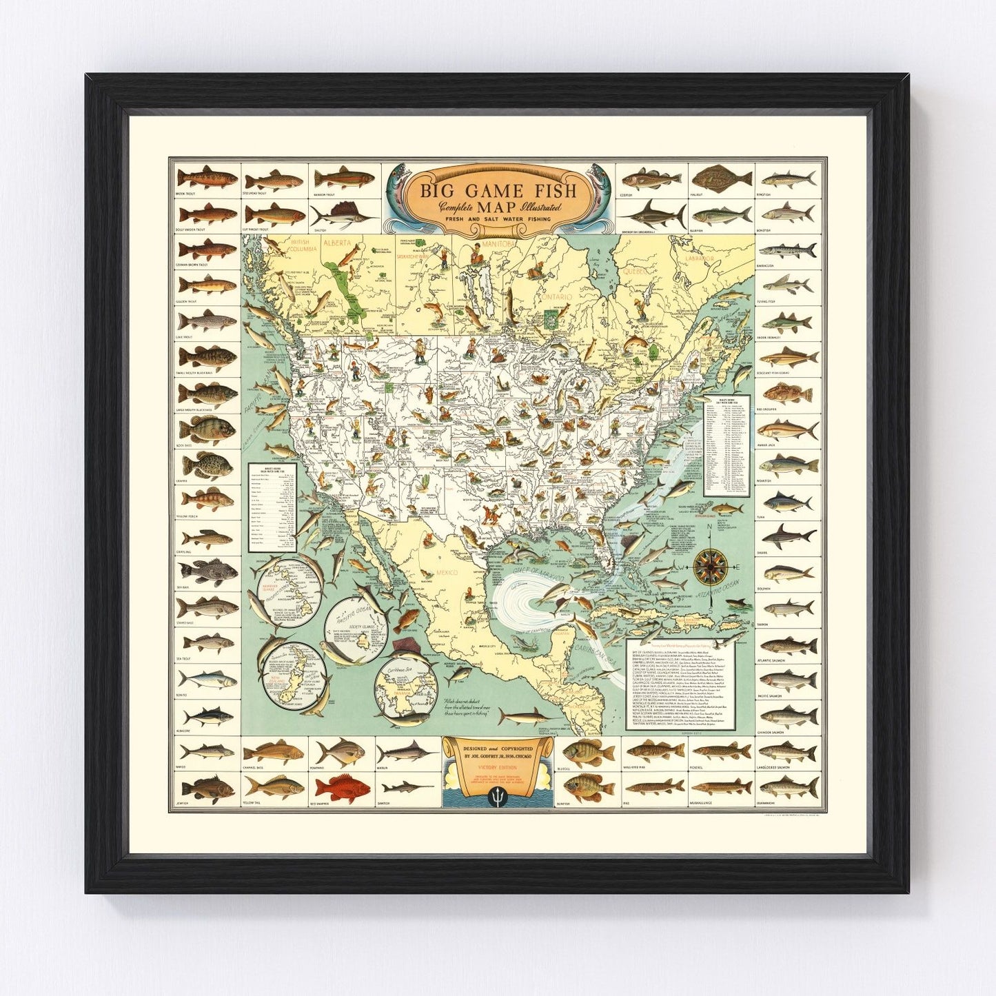 vintage map of big game fish of America, 1936, restored print wall art
