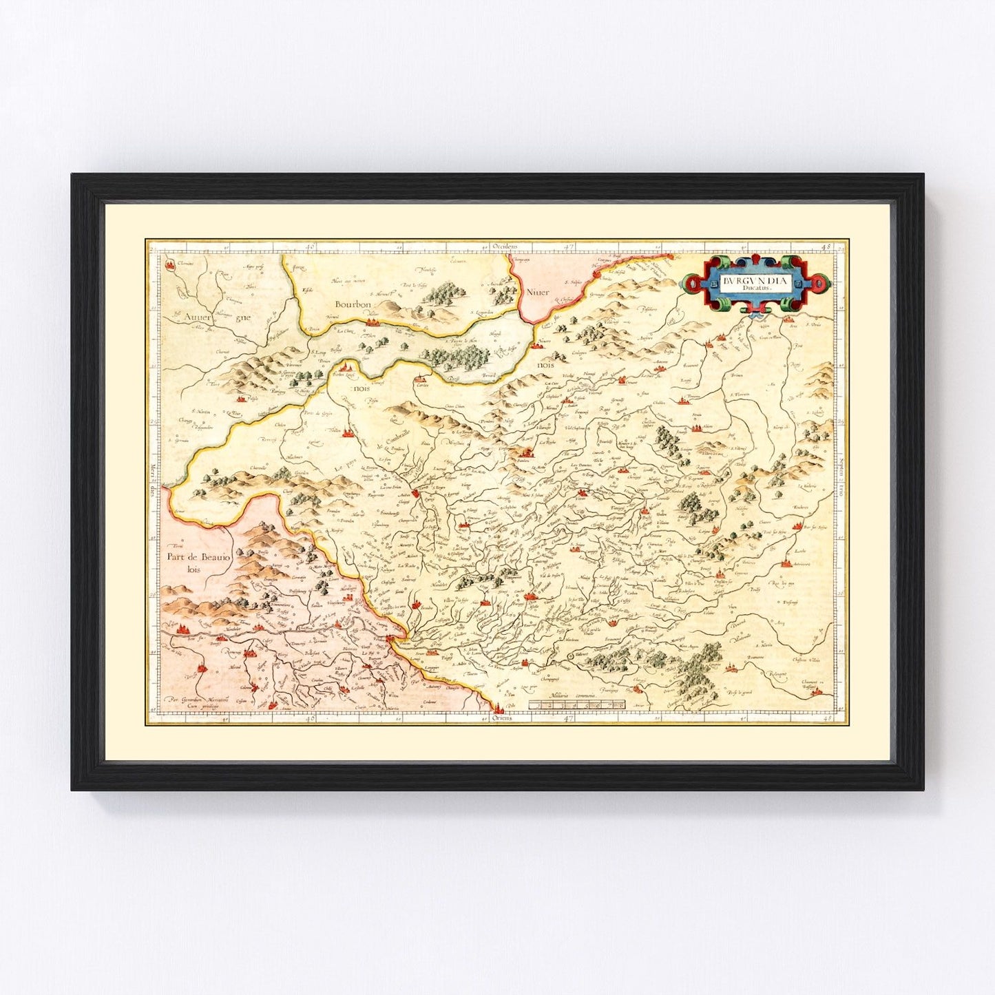 Vintage map of Burgundy Region of France, 1623, restored print