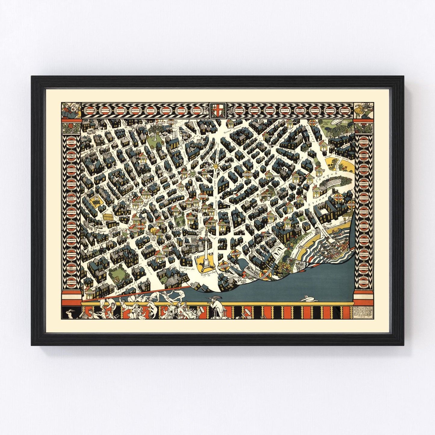 vintage map of London Theater District, England, 1915