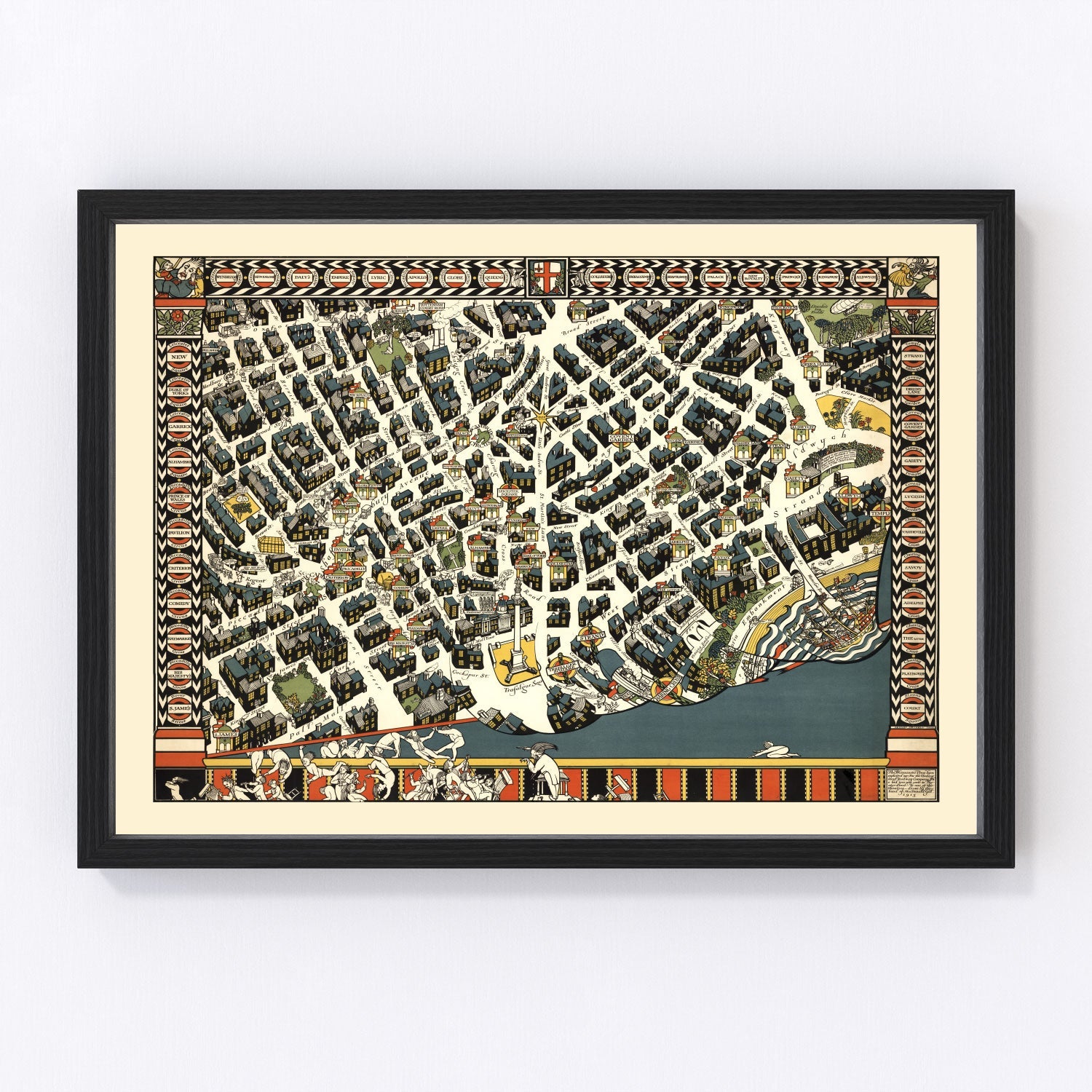 vintage map of London Theater District, England, 1915