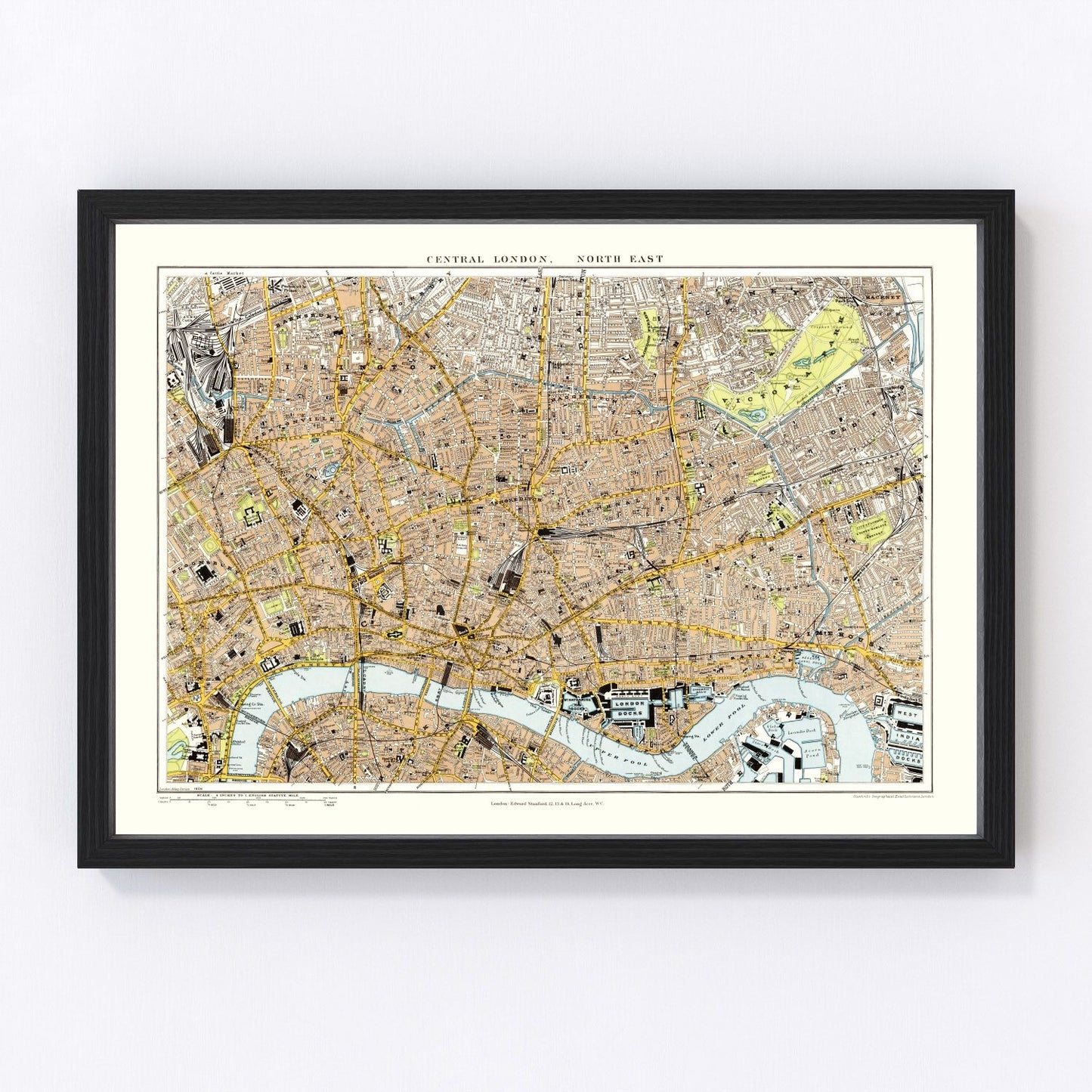 Vintage map of central and northeast London, England, 1904, restored vintage wall art print