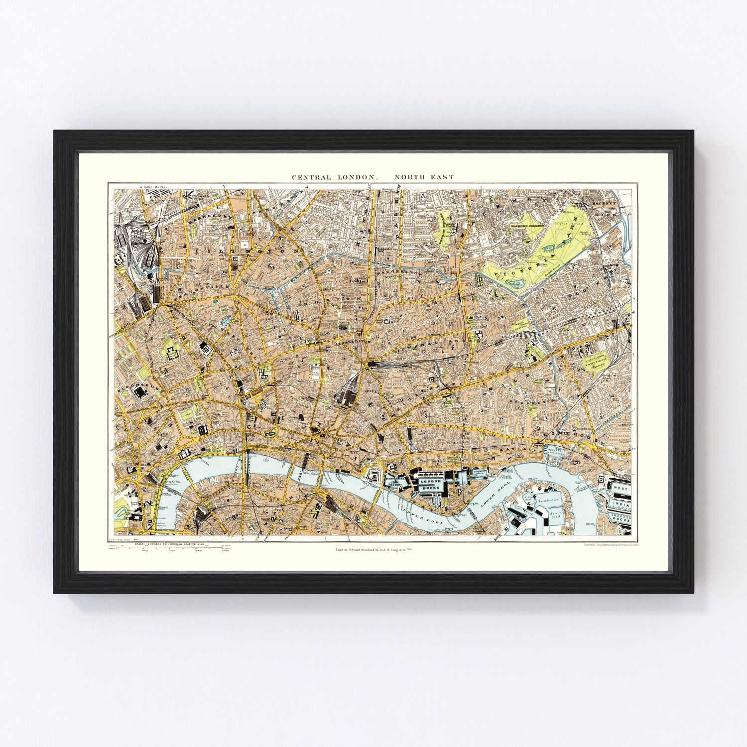 Vintage map of central and northeast London, England, 1904, restored vintage wall art print