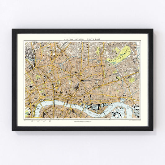 Vintage map of central and northeast London, England, 1904, restored vintage wall art print