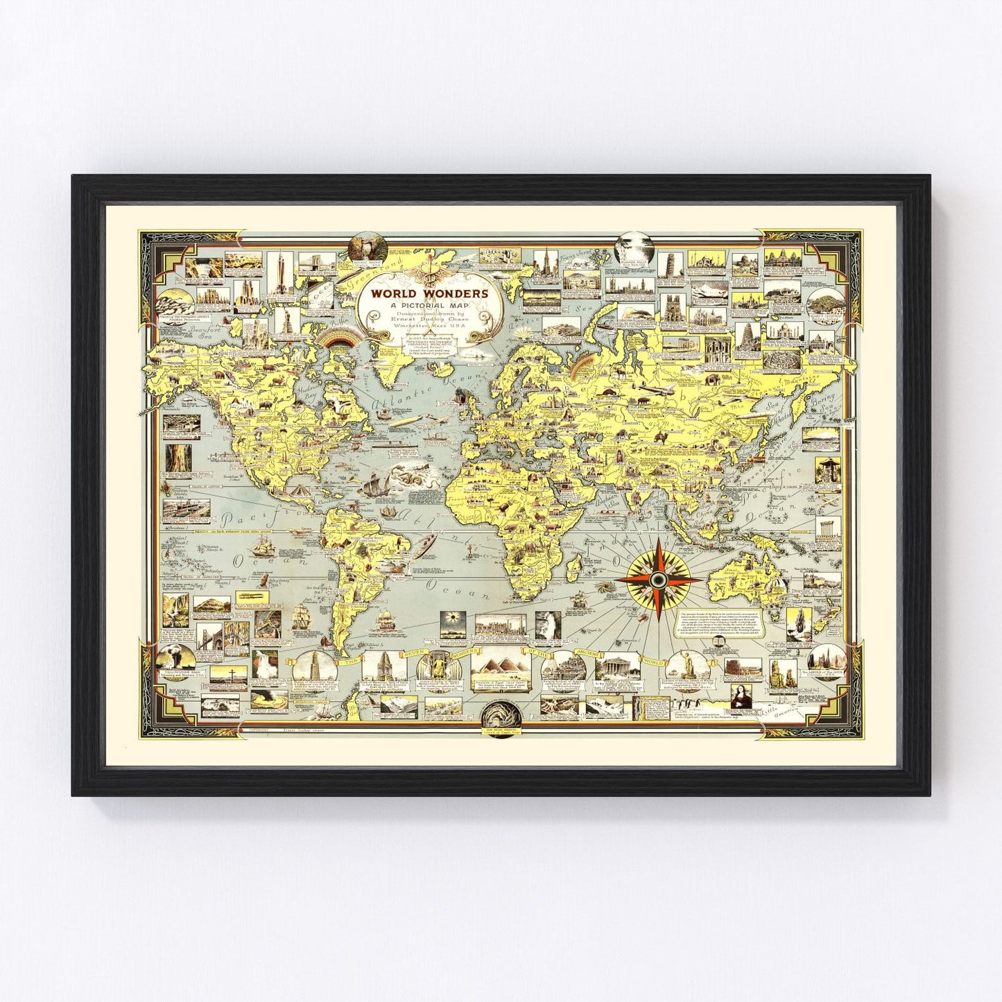 Vintage 1939 pictorial world map in 1930s illustrated decorative style, restored print