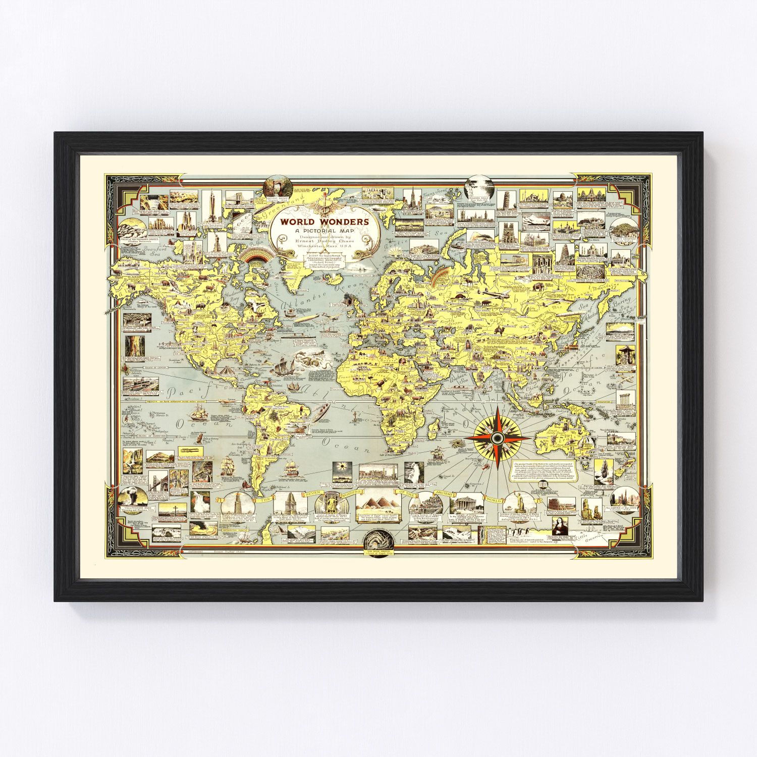 Vintage 1939 pictorial world map in 1930s illustrated decorative style, restored print