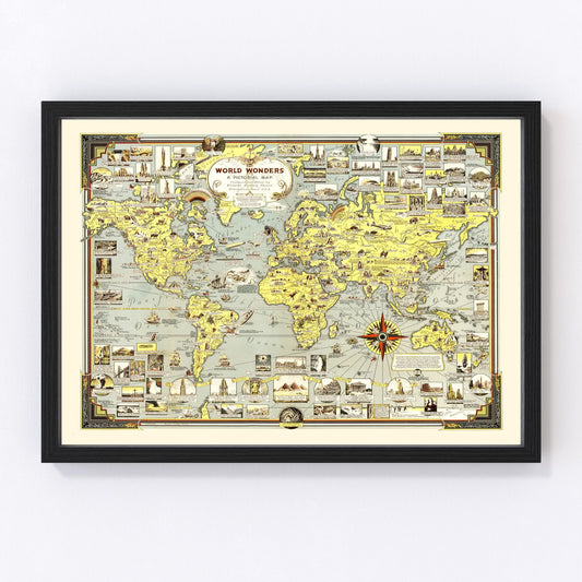 Vintage 1939 pictorial world map in 1930s illustrated decorative style, restored print