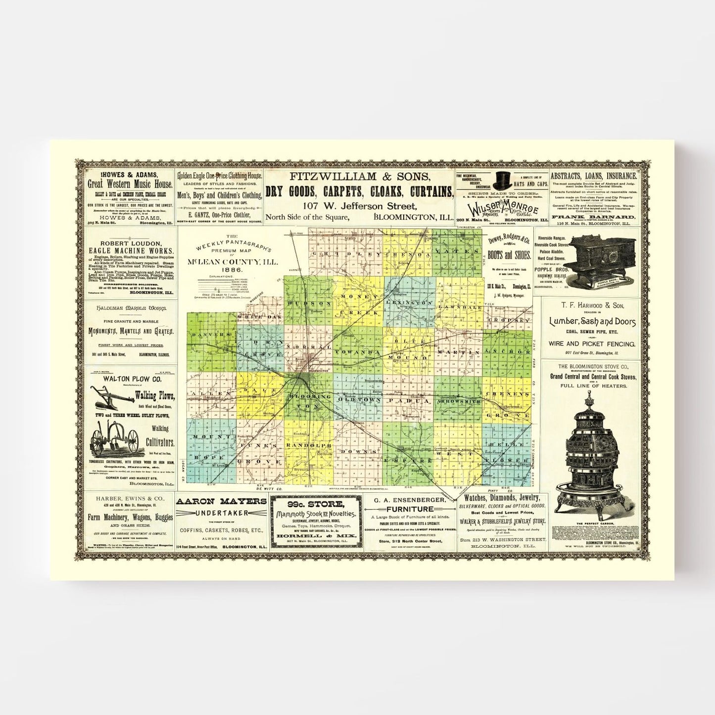 Vintage Map of McLean County, Illinois, 1886