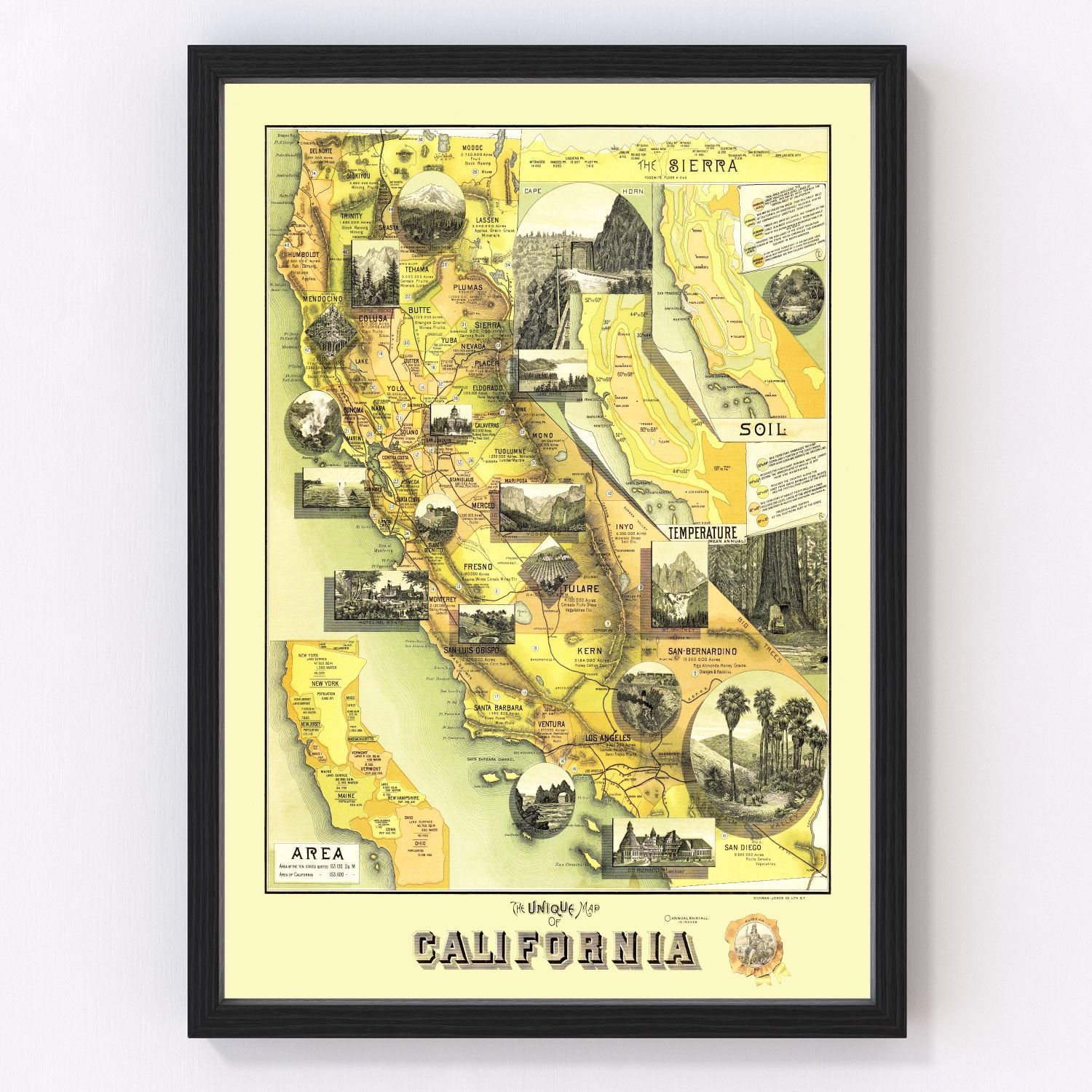 Vintage map of California, 1885, Gilded Age restored print