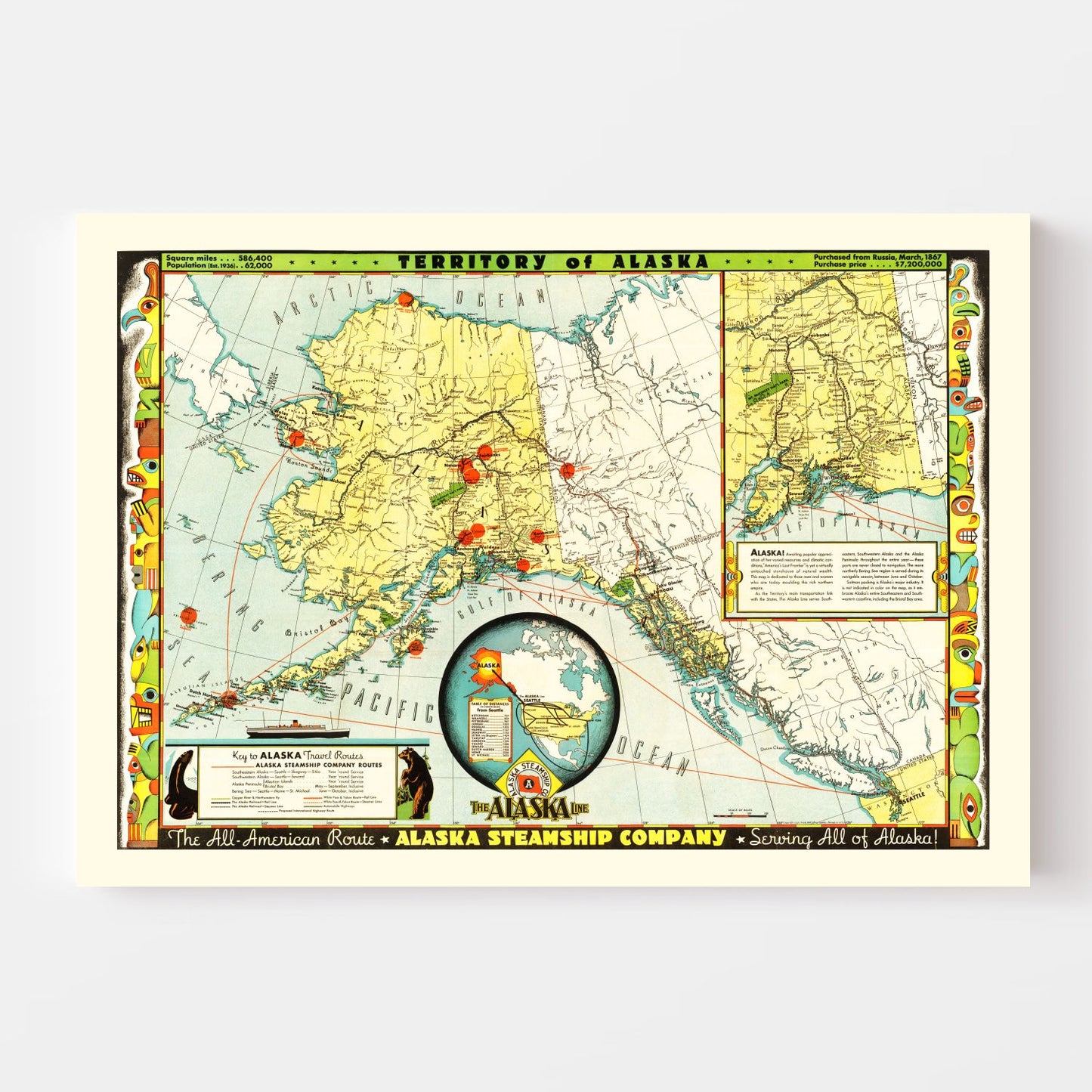 Vintage Map of Alaska, 1936