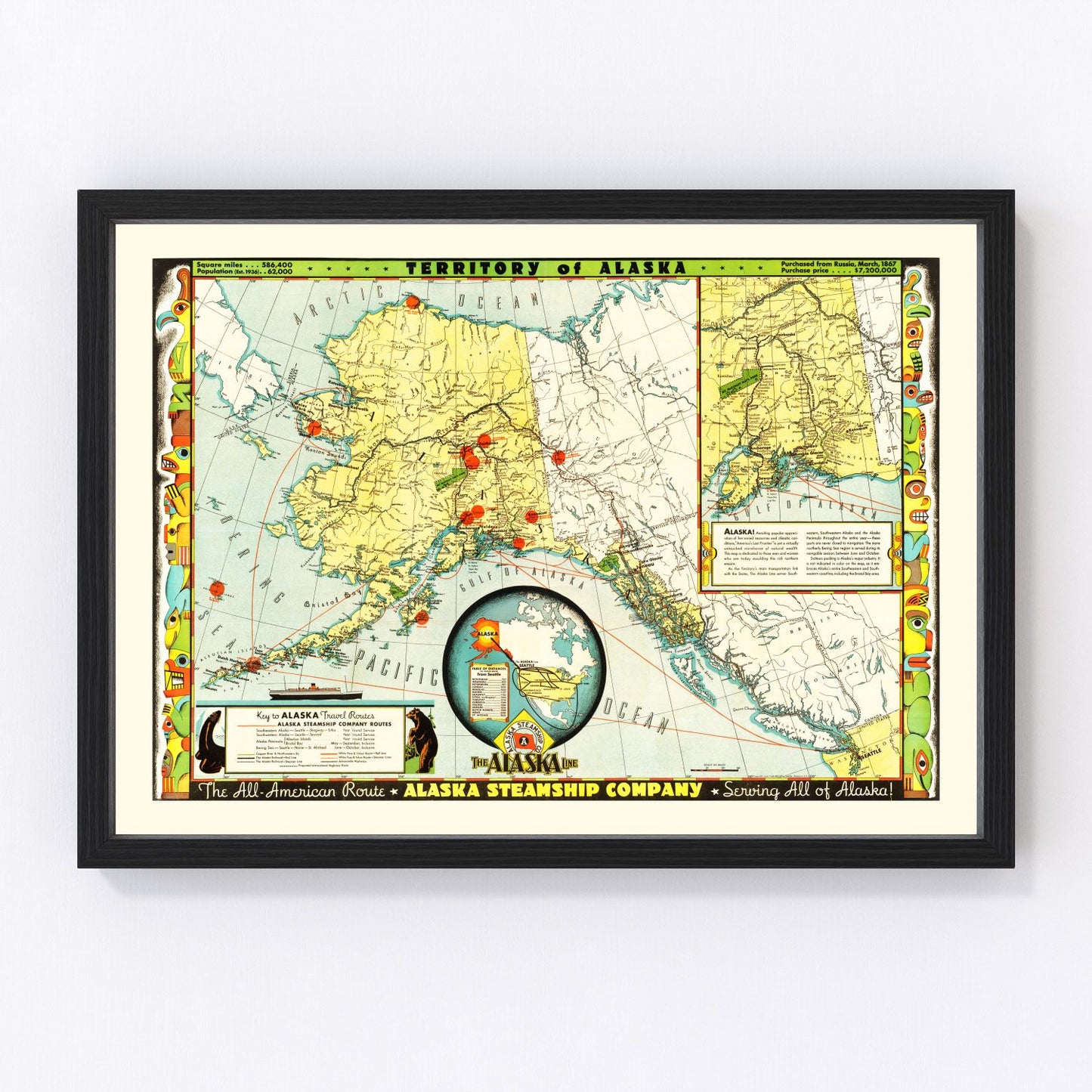 Vintage map of Alaska, 1936 - restored print