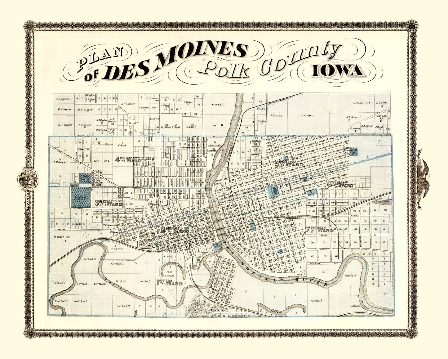 Vintage Map of Des Moines, Iowa, 1875