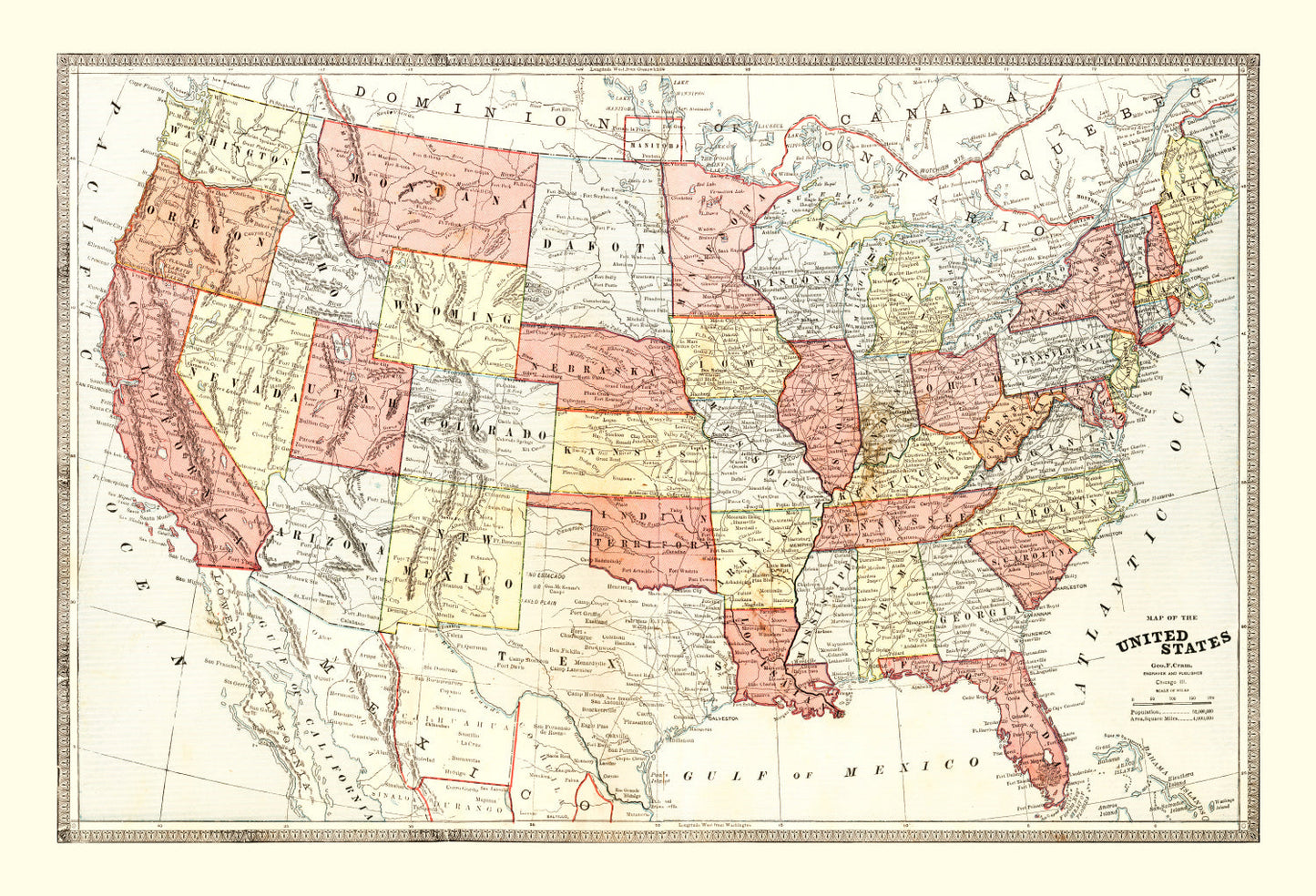 Vintage Map of the United States, 1883