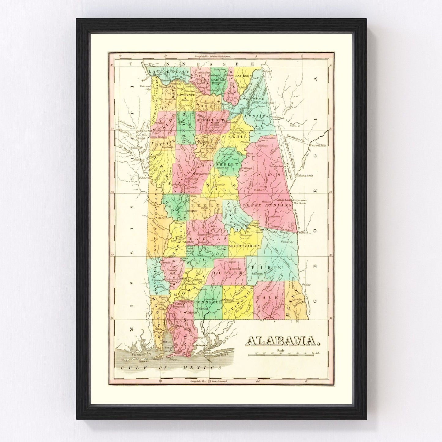 Vintage map of Alabama, 1831 - restored print