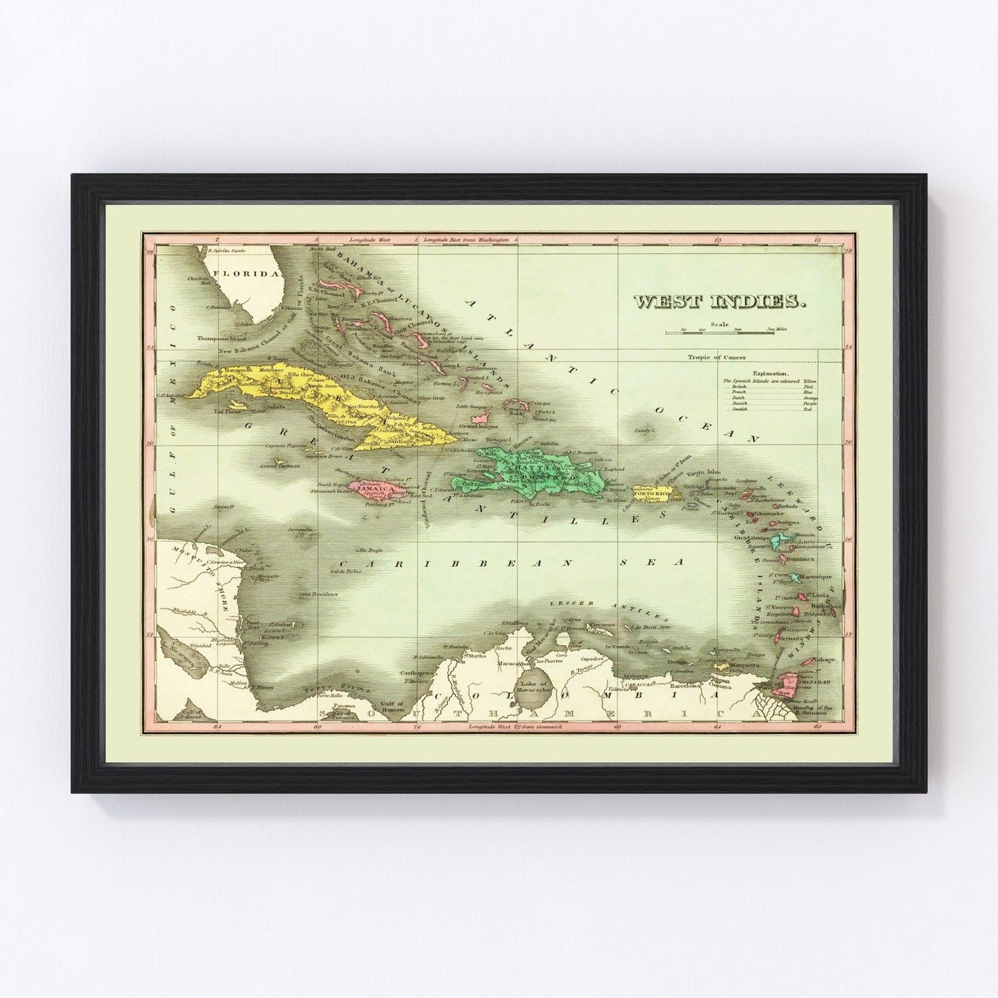 Vintage map of the West Indies, 1831, Caribbean islands and surrounding ocean