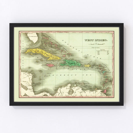 Vintage map of the West Indies, 1831, Caribbean islands and surrounding ocean