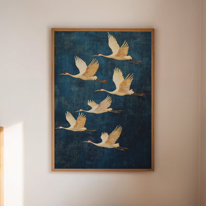 Sandhill cranes in flight Japanese-inspired bird art against deep blue