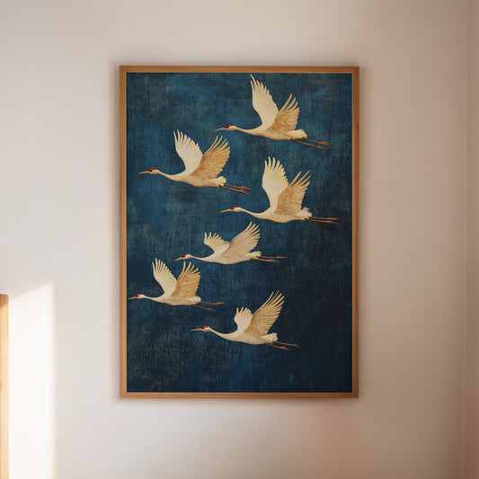 Sandhill cranes in flight Japanese-inspired bird art against deep blue