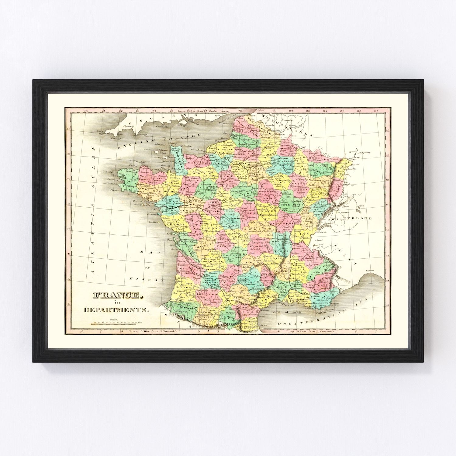 Vintage map of France organized by departments, 1831