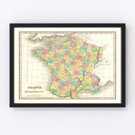 Vintage map of France organized by departments, 1831