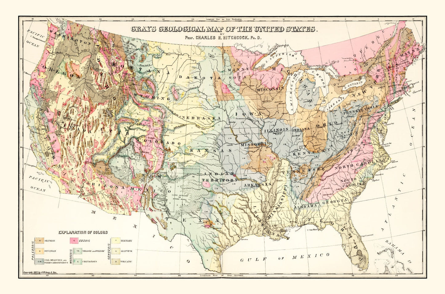 Vintage Geological Map of the United States, 1882