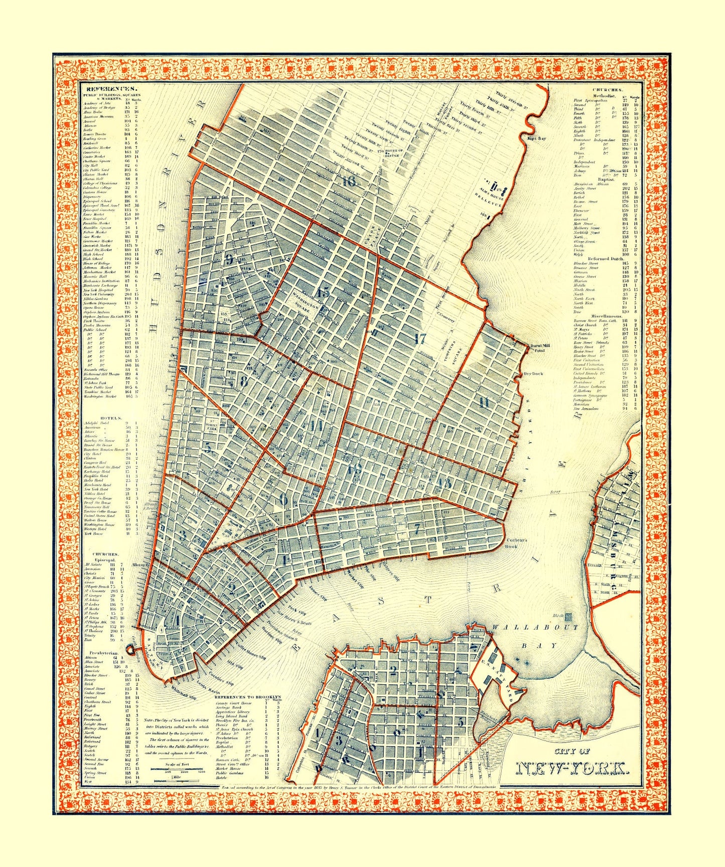 Vintage Map of New York City, New York, 1846