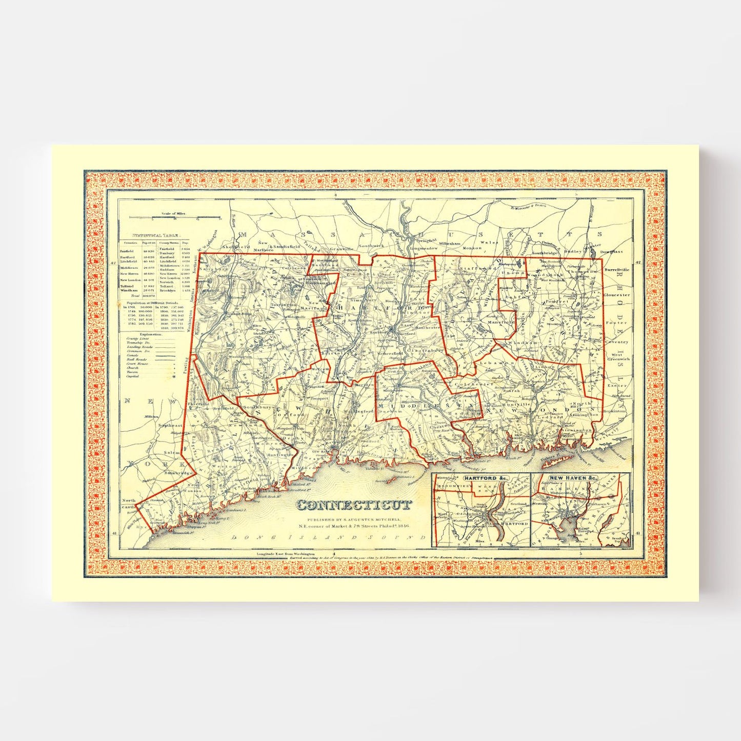 Vintage Map of Connecticut, 1846