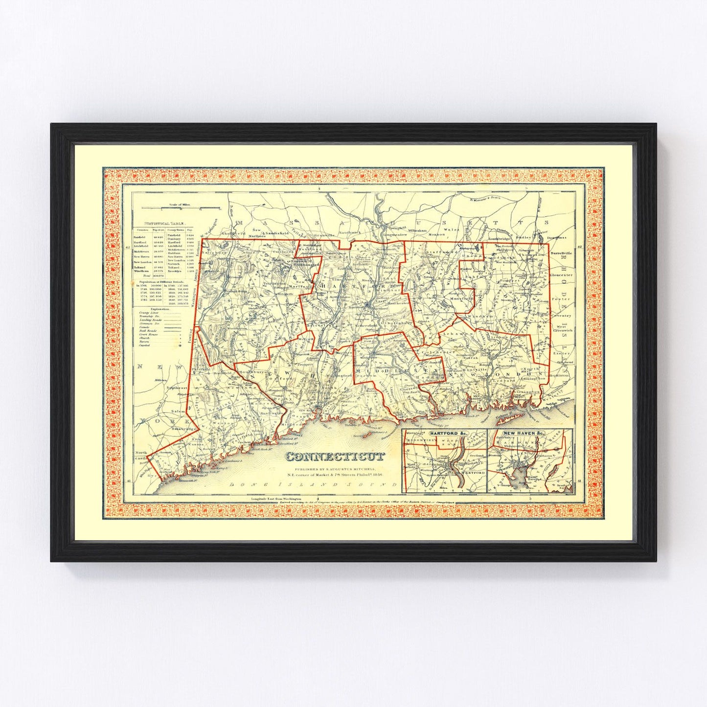 vintage map of Connecticut, 1846