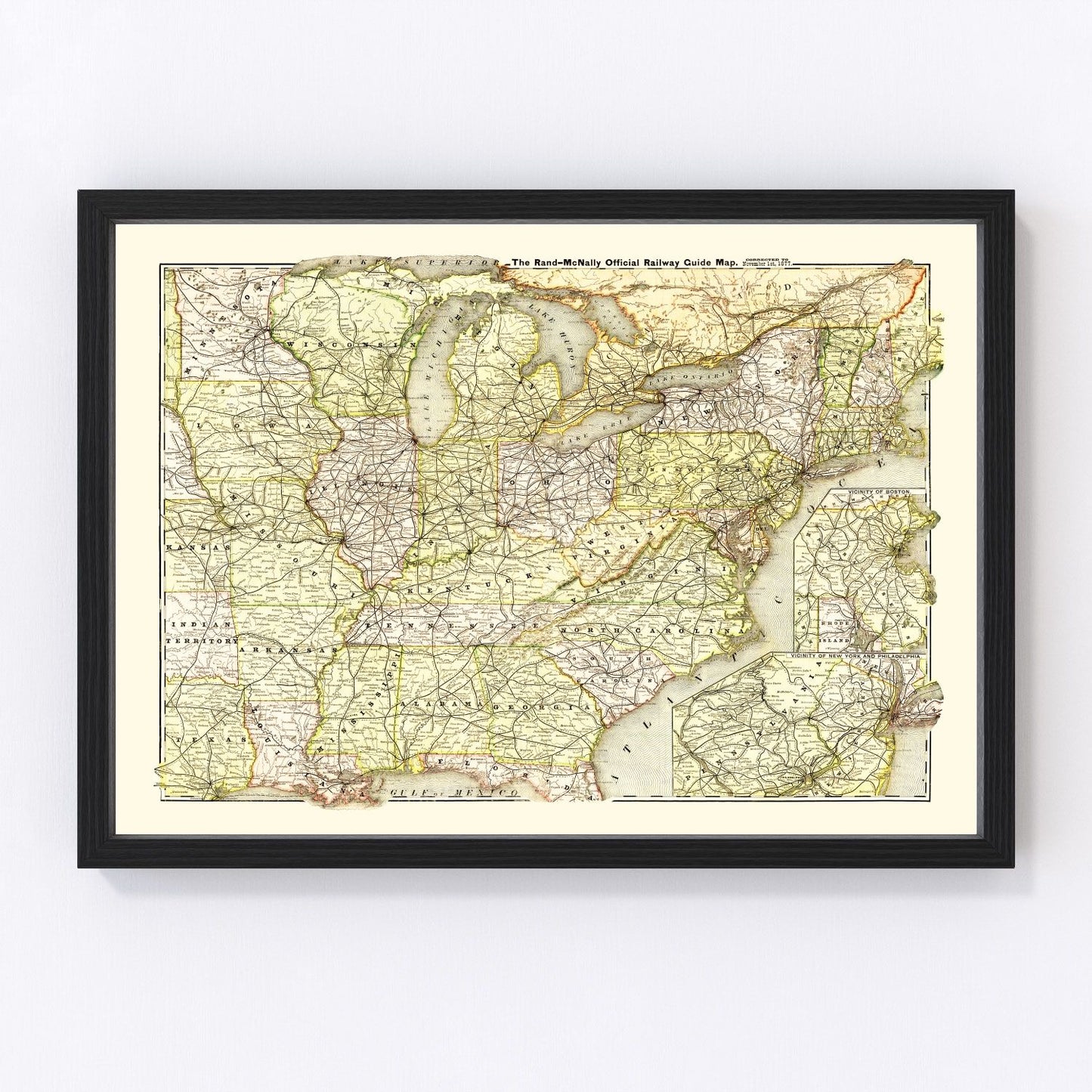 Vintage 1877 railroad map of the United States after Transcontinental Railroad completion, restored print