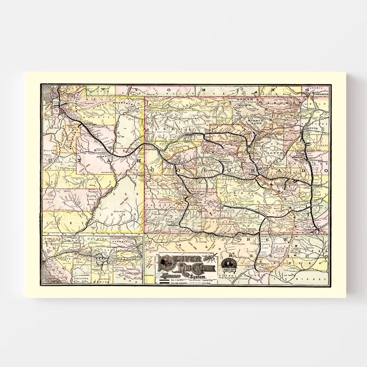 Vintage Map of the Denver and Rio Grande Railroad System, 1883