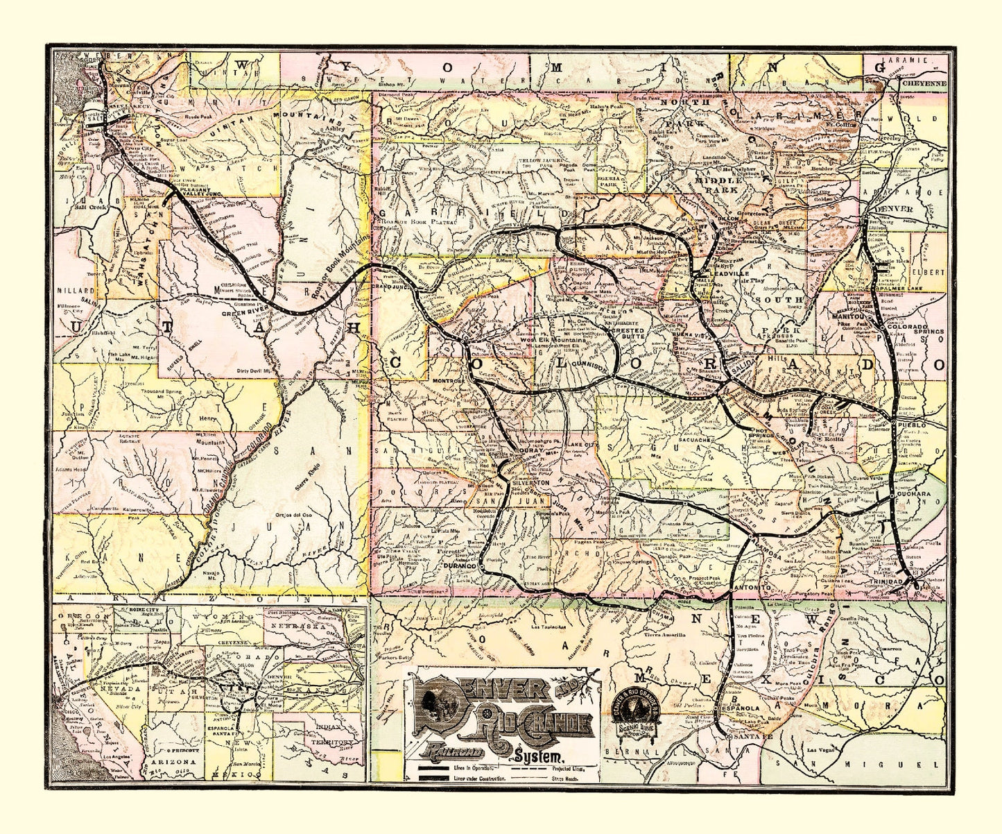 Vintage Map of the Denver and Rio Grande Railroad System, 1883