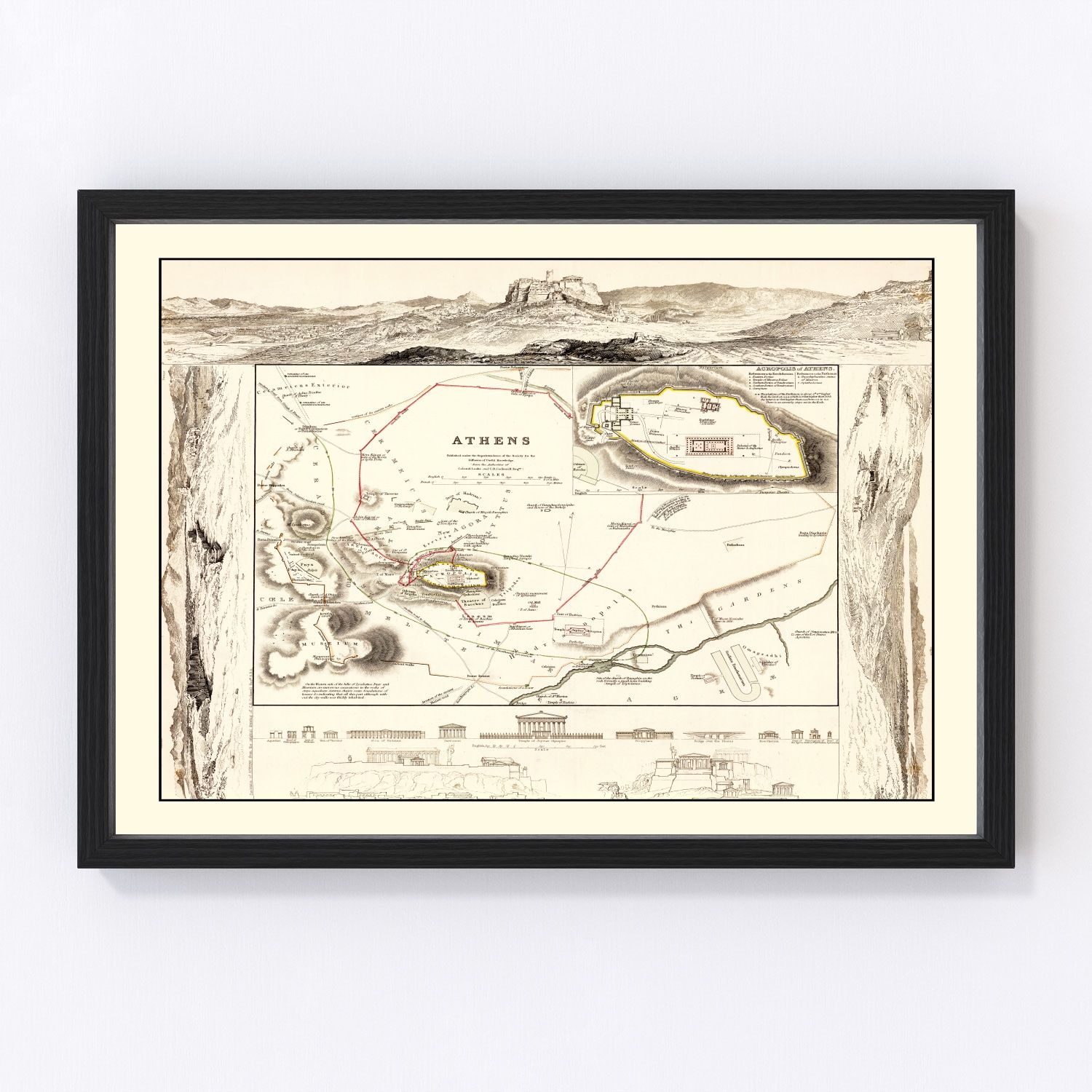 vintage map of Athens, Greece, 1832, dawn of modern Greek capital