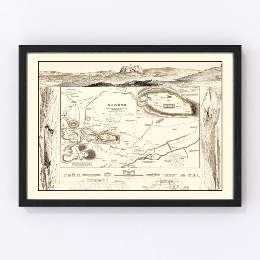 vintage map of Athens, Greece, 1832, dawn of modern Greek capital