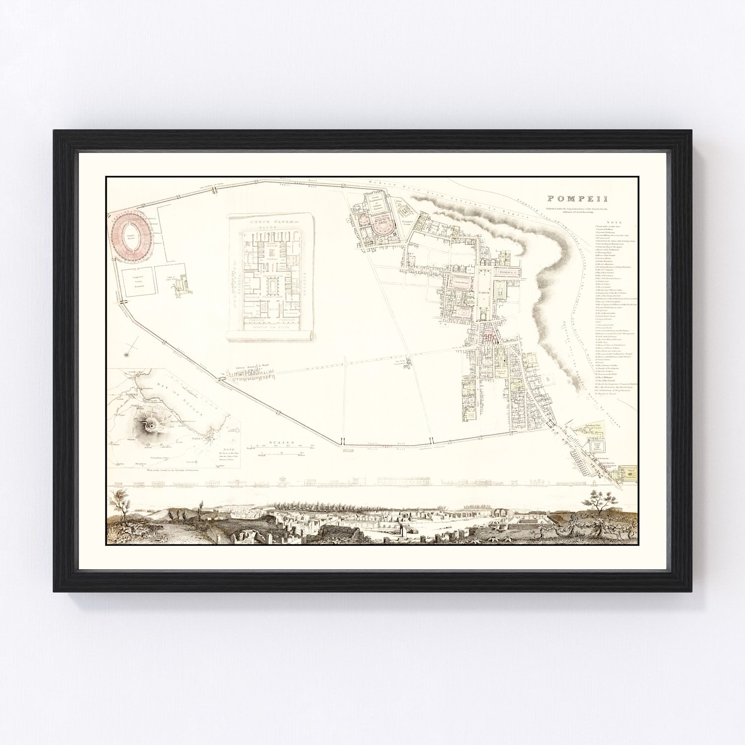 vintage map of Pompeii, Italy, 1832