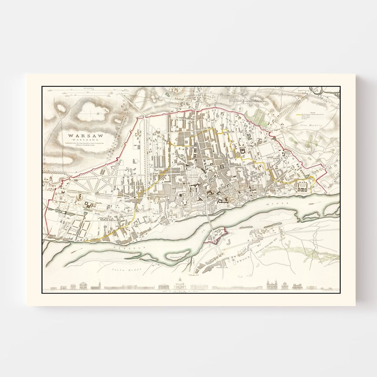 Vintage Map of Warsaw, Poland, 1831