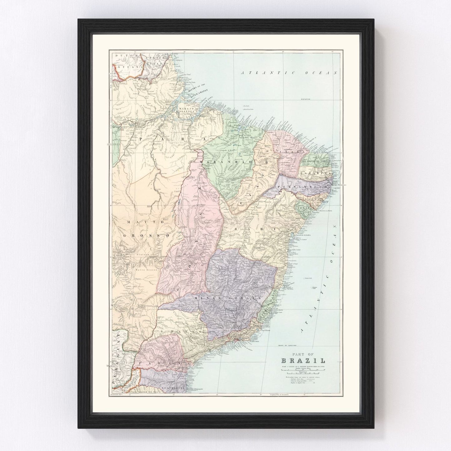 vintage map of Brazil, 1904, restored print wall art