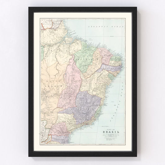 vintage map of Brazil, 1904, restored print wall art