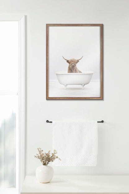 Highland Cow Solo Bathtub Framed Glass Wall Art