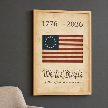 1776 We the People American flag print in a natural wood frame, hung on a deep charcoal wall above an oatmeal armchair